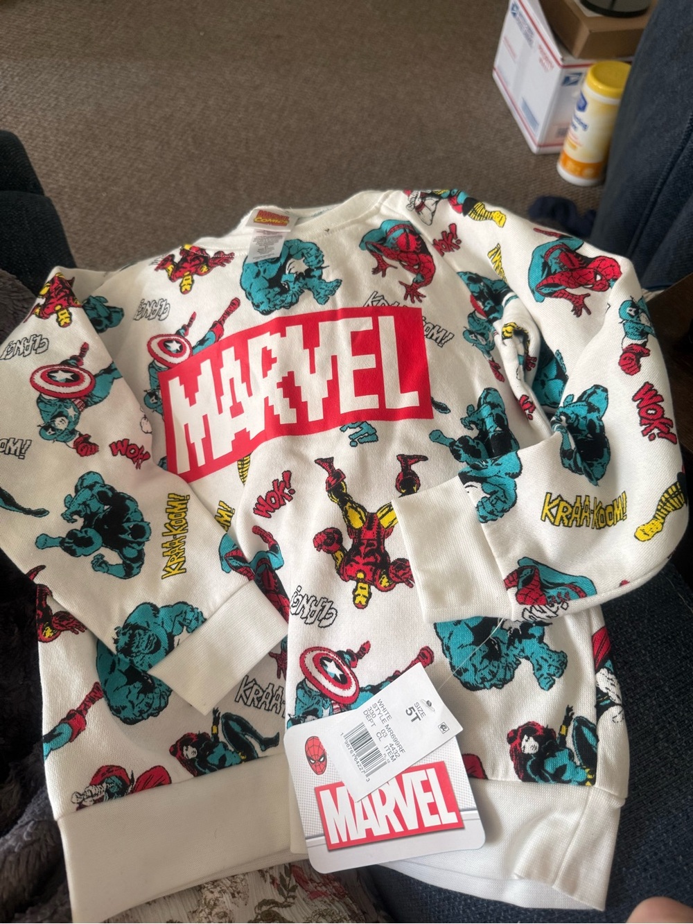 Marvel White Sweatshirt with Red Logo & Teal Comic Print Children’s Size 5T